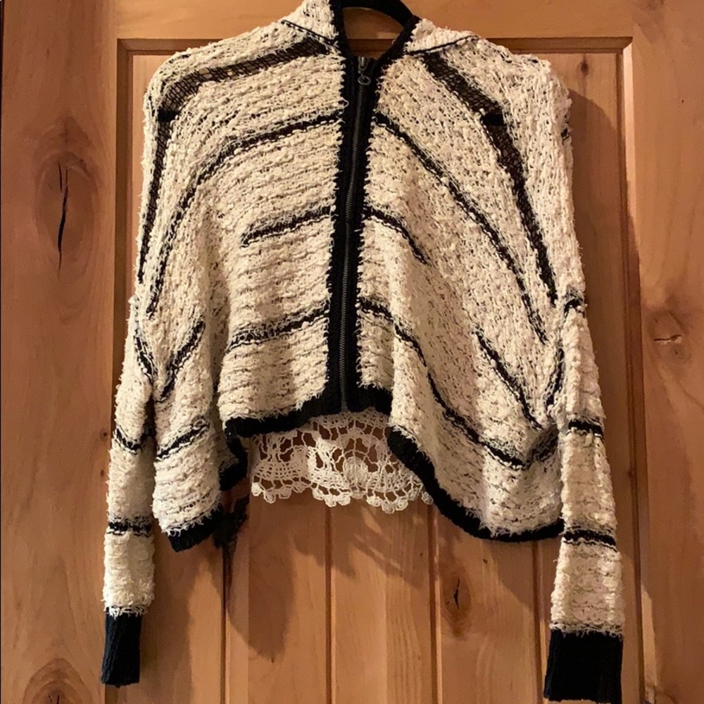 Free People Black + White Hooded Sweater